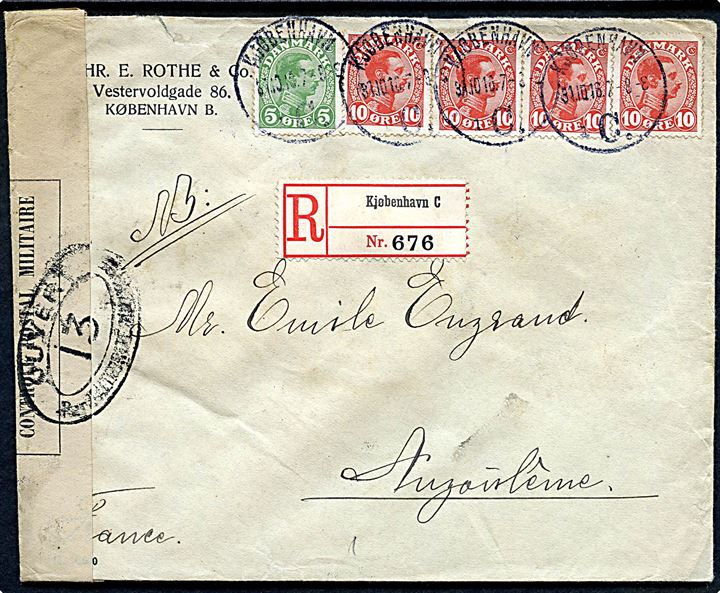 5 øre og 10 øre (4) Chr. X på 2. vægtkl. anbefalet brev fra Kjøbenhavn d. 31.10.1916 til Frankrig. Åbnet af fransk censur no. 13 i Dieppe.