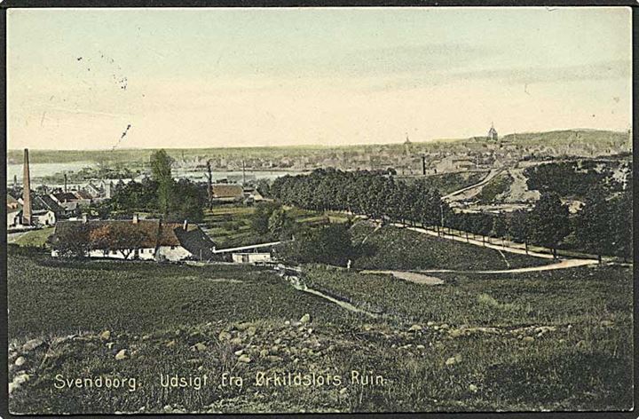 Svendborg set fra Ørkildeslots Ruin. Stenders no. 908. 