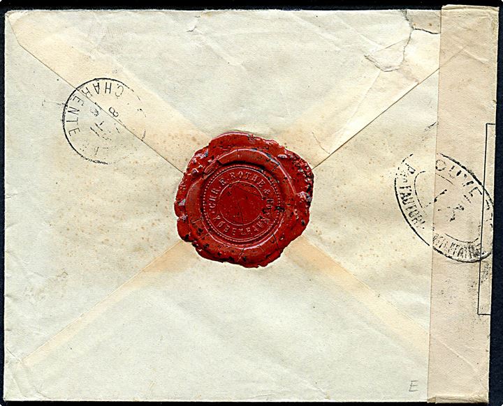 5 øre og 10 øre (4) Chr. X på 2. vægtkl. anbefalet brev fra Kjøbenhavn d. 31.10.1916 til Frankrig. Åbnet af fransk censur no. 13 i Dieppe.