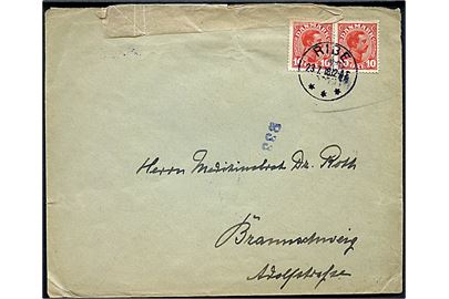 10 øre Chr. X i parstykke på brev fra Ribe d. 23.7.1918 til Braunschweig, Tyskland. Åbnet af tysk censur i Hamburg.