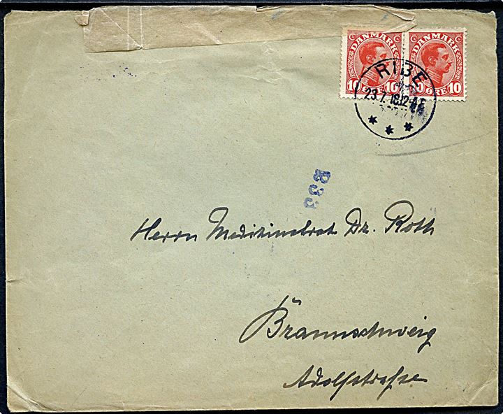 10 øre Chr. X i parstykke på brev fra Ribe d. 23.7.1918 til Braunschweig, Tyskland. Åbnet af tysk censur i Hamburg.