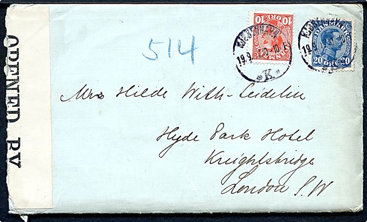 10 øre og 20 øre Chr. X på 2. vægtkl. brev fra Kjøbenhavn d. 19.9.1917 til London, England. Åbnet af britisk censur no. 4802.