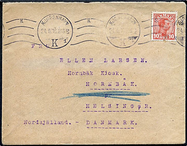 10 øre Chr. X på diplomatisk kurérbrev fra Kgl. Dansk Generalkonsulat i Petrograd (Rusland) annulleret Kjøbenhavn d. 24.6.1916 til Hornbæk. På bagsiden officielt konsulatstempel.
