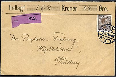 25 øre Chr. X single på værdibrev fra Ry d. 9.5.1914 til Kolding.