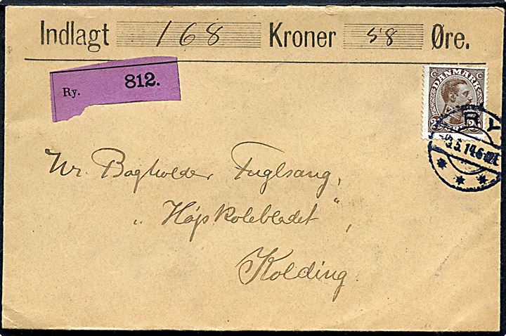 25 øre Chr. X single på værdibrev fra Ry d. 9.5.1914 til Kolding.