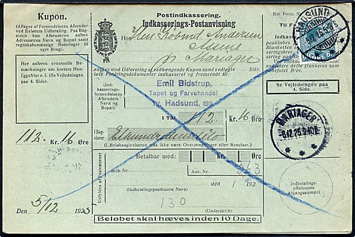 60 øre Chr. X single på retur indkasserings-postanvisning fra Hadsund d. 6.12.1925 til Assens pr. Mariager.