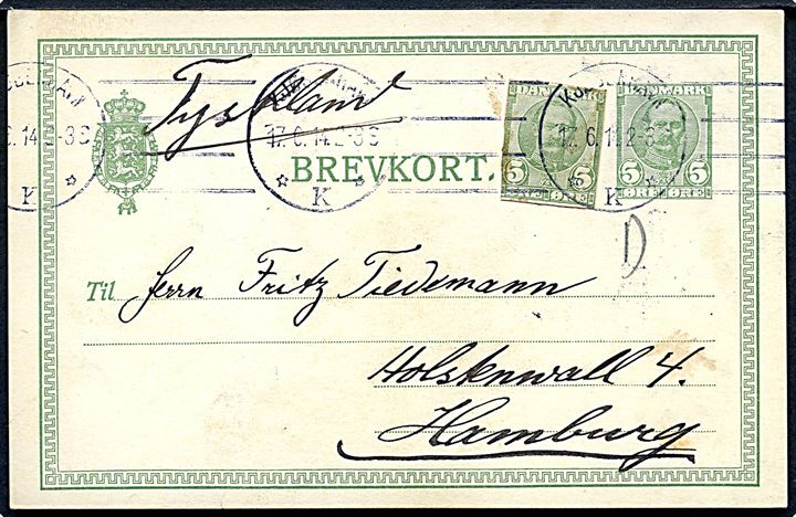 5 øre Fr. VIII helsagsbrevkort opfrankeret med 5 øre Fr. VIII helsagsafklip fra Kjøbenhavn d. 17.6.1914 til Hamburg, Tyskland.