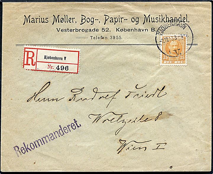 35 øre Fr. VIII single på anbefalet brev fra Kjøbenhavn d. 7.11.1916 til Wien, Østrig. Ingen synlige tegn på censur.