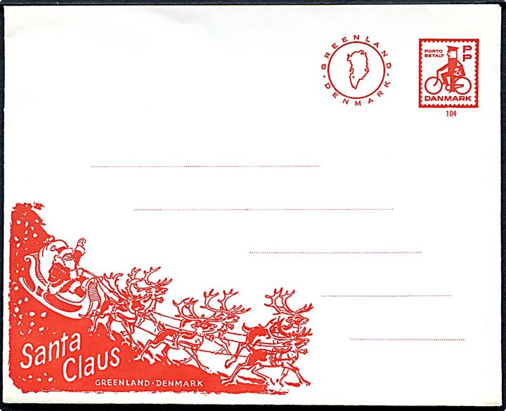 PP Danmark Cyklende Postbud no. 104 på ubrugt fortrykt kuvert fra Santa Claus Greenland - Denmark. Benyttet benyttet som svarbrev til børn som har skrevet til Julemanden.