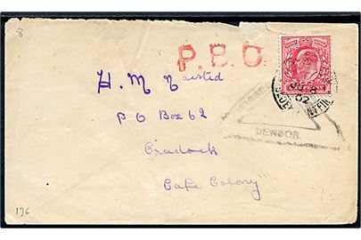 Britisk 1d Edward VII på brev fra Boerkrigen annulleret Army Post Office C Bloemfontein d. 8.6.1902 til Cradock Cape Colony. Rødt P.B.C. og 3-kantet Passed Press Censor censurstempler.