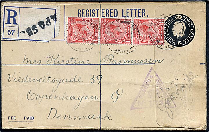 Britisk 2d anbefalet helsagskuvert opfrankeret med 1d George V (3)  annulleret med feltpost stempel Army Post Office S.11 (= Eteples, Frankrig) d. 1.12.1915 via Base Army Post Office 3 (= Boulogne, Frankrig) d. 1.12.1915 og London til København, Danmark. Britisk unit censur no. 1334.