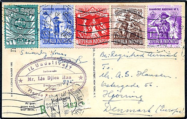 Spejder udg. på anbefalet brevkort fra Jogjakarta d. 29.10.1955 til Hjørring, Danmark.
