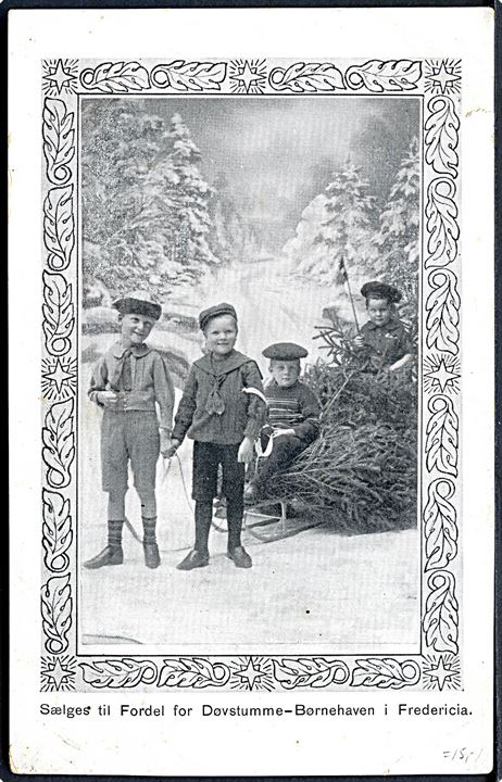 Børn med juletræ på kælk. Sælges til fordel for Fredericia Døvstumme - Børnehave. F. Hestbek Jensens Boghandel u/no. 