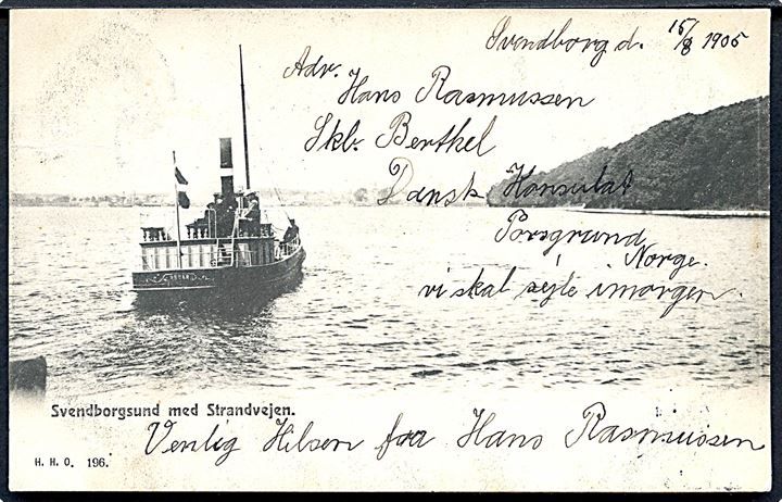 Svendborgsund med Strandvejen. Færgen Hroar. H. H. O. no. 196. (Afrevet mærke). 