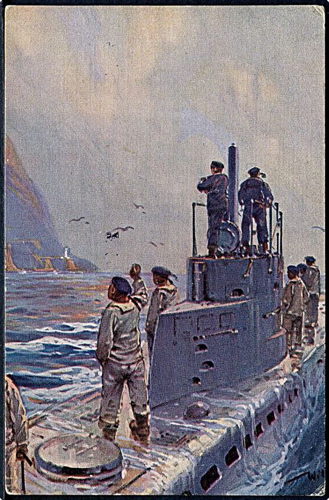 Mandskab ombord på tysk undervandsbåd. Ukendt kunstner. Anvendt 1921.