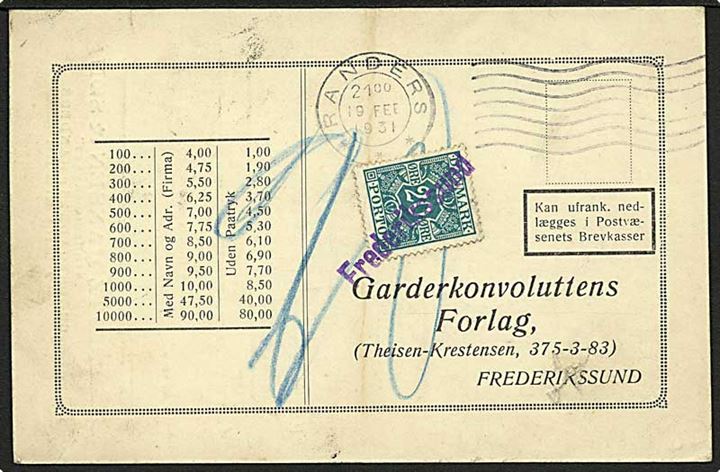 Ufrankeret svarbrevkort fra Randers d. 19.2.1931 til Frederikssund. Udtakseret i enkeltporto med 20 øre Portomærke annulleret med liniestempel: Frederikssund.
