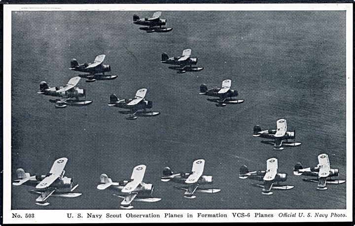 U. S. Navy Scout Observation Planes in Formation. VCS-6 Planes = Curtiss SOC-1 Seagull. No. 503. 