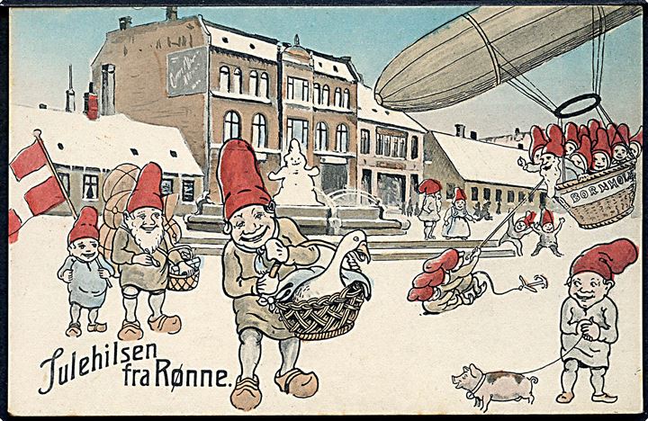 Rønne, julehilsen med Nisser i gadebilledet og luftskib. Colberg u/no.