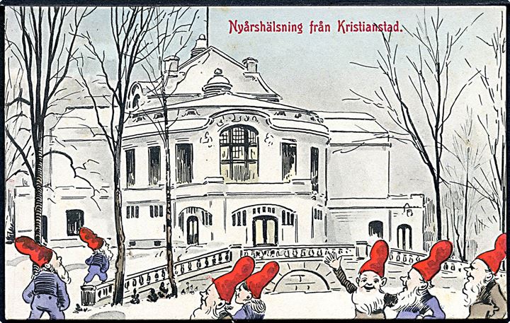Kristianstad, Nisser i bybilledet ved Kristanstad teater på nytårskort. KGA /no.