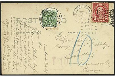 Amerikansk 2 cents Washington på underfrankeret brevkort fra Anacortes Wash. d. 3.11.1928 til Svendborg, Danmark. Udtakseret i porto med 10 øre Portomærke stemplet Svendborg d. 18.11.1928.
