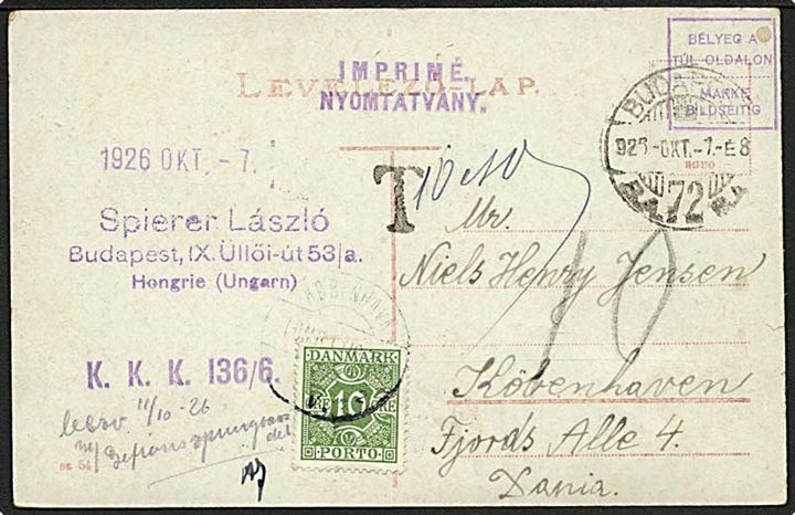 Ungarsk 8 f. på billedside af brevkort sendt som tryksag fra Budapest d. 7.10.1926 til København, Danmark. Udtakseret i porto med 10 øre Portomærke stemplet København V.