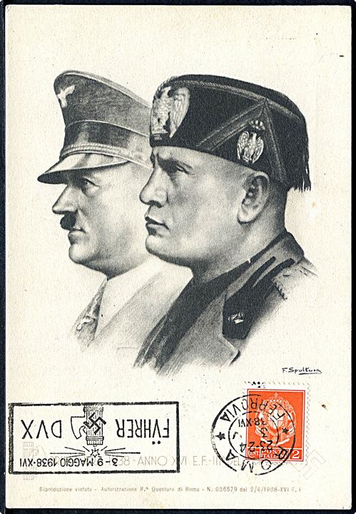 Hitler og Mussolini møde i Italien maj 1938. Propaganda kort med både italiensk og tysk frankering annulleret med særstempler.