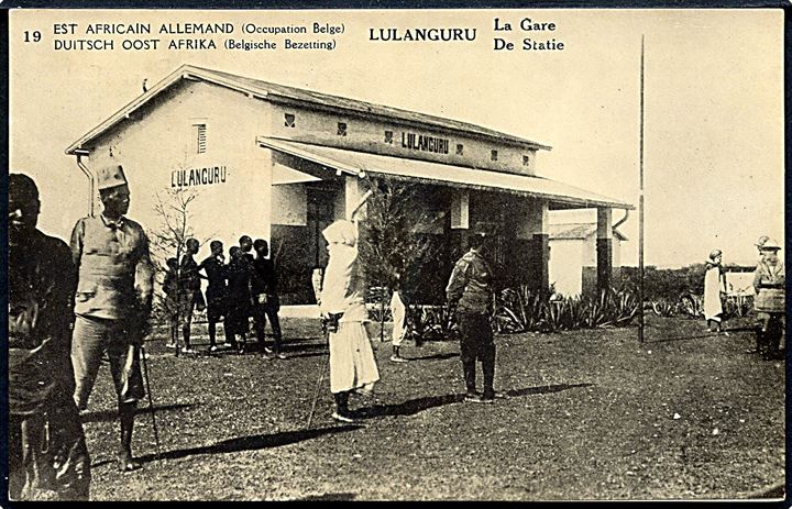 Lulanguru jernbanestation. 15/10 c. Illustreret helsagsbrevkort fra belgisk besat tysk østafrika. Ubrugt.