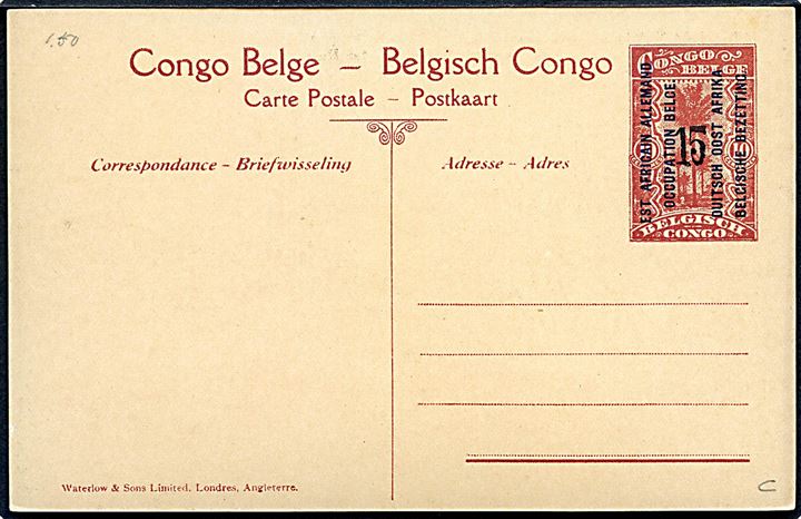 Indfødte og stråhytter. 15/10 c. Illustreret helsagsbrevkort fra belgisk besat tysk østafrika. Ubrugt.
