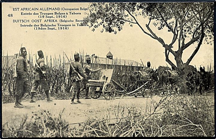 Belgiske kolonitropper indtager Tabora d. 19.9.1916. 10 c. Illustreret helsagsbrevkort fra belgisk besat tysk østafrika. Ubrugt.