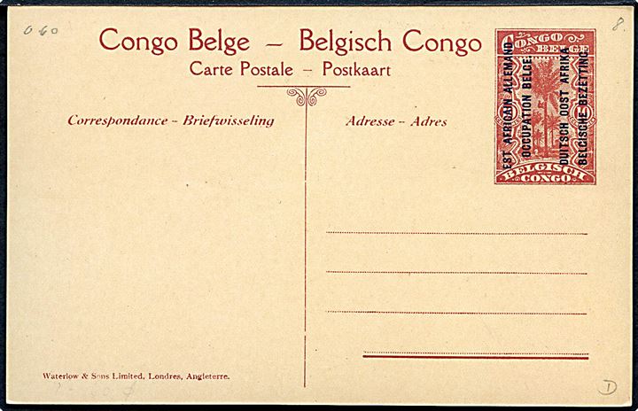 Belgiske kolonitropper indtager Tabora d. 19.9.1916. 10 c. Illustreret helsagsbrevkort fra belgisk besat tysk østafrika. Ubrugt.