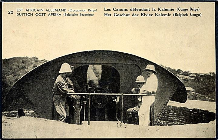 Artilleri ved Kalemie. 15/10 c. Illustreret helsagsbrevkort fra belgisk besat tysk østafrika. Ubrugt.
