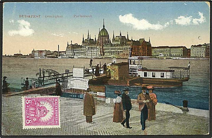 Ungarsk 8 f. på billedside af brevkort sendt som tryksag fra Budapest d. 7.10.1926 til København, Danmark. Udtakseret i porto med 10 øre Portomærke stemplet København V.
