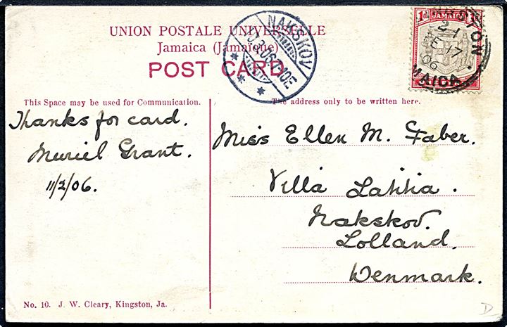 Jamaica, Bananas for Shipment. Frankeret med 1d Våben fra Kingston  d. 17.2.1906 til Nakskov, Danmark.