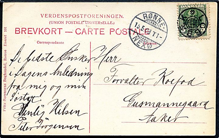 5 øre Fr. VIII på brevkort annulleret med stjernestempel LOBBÆK og sidestemplet bureau Rønne - Nexø T.1 d. 15.5.1908 til Aaker.