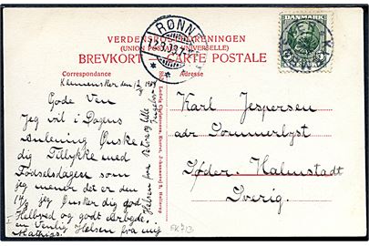 5 øre Fr. VIII på brevkort (Neksø Jernbanestation) annulleret med stjernestempel KLEMENSKER og sidestemplet Rønne d. 12.8.1908 til Söder Halmstad, Sverige.