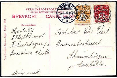 1 øre og 2 øre Bølgelinie på brevkort (Nylars rundkirke) annulleret med stjernestempel KJØLLERGAARD og sidestemplet Rønne d. 7.5.1906 til Almindingen pr. Aarsballe.