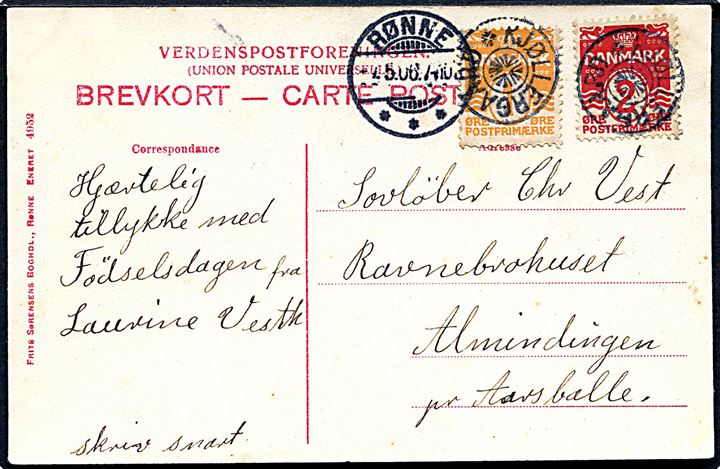 1 øre og 2 øre Bølgelinie på brevkort (Nylars rundkirke) annulleret med stjernestempel KJØLLERGAARD og sidestemplet Rønne d. 7.5.1906 til Almindingen pr. Aarsballe.