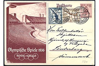 15+10 pfg. illustreret Olympiade helsagsbrevkort opfrankeret med 3+2 pfg. og 4+3 pfg. Olympiade udg. fra Malente d. 22.6.1936 til Sønderborg, Danmark.