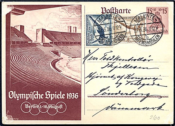 15+10 pfg. illustreret Olympiade helsagsbrevkort opfrankeret med 3+2 pfg. og 4+3 pfg. Olympiade udg. fra Malente d. 22.6.1936 til Sønderborg, Danmark.