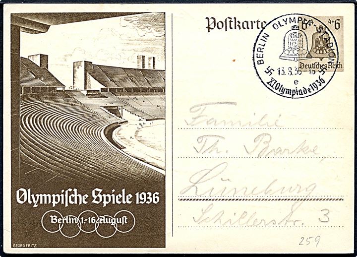 4+6 pfg. illustreret Olympiade 1936 helsagsbrevkort annulleret med særstempel Berlin Olympia-Stadion d. 13.8.1936 til Lüneburg.