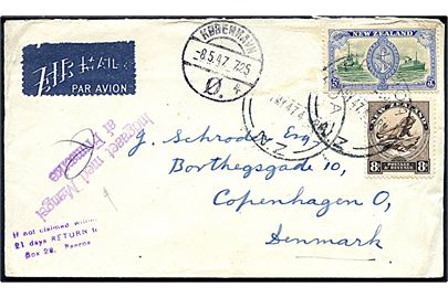 5d og 8d på luftpostbrev fra Paeroa d. 1.7.1947 til København, Danmark. Et mærke affaldet under postbefordring og stemplet Indgaaet med Mangel af Frimærke i København d. 8.5.1947.
