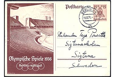 15+10 pfg. illustreret Olympiade helsagsbrevkort fra Berlin d. 19.10.1936 til Sigtuna, Sverige.