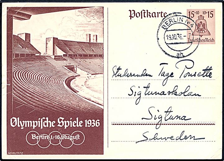 15+10 pfg. illustreret Olympiade helsagsbrevkort fra Berlin d. 19.10.1936 til Sigtuna, Sverige.