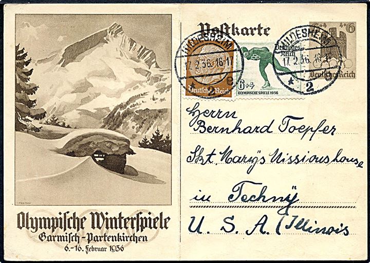 6+4 pfg.illustreret Vinter Olympiade helsagsbrevkort opfrankeret med 3 pfg. Hindenburg og 6+4 pfg. Vinter Olympiade udg. fra Hildesheim d. 17.2.1936 til USA. Lodret fold.