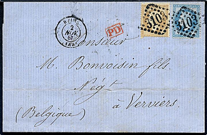 10 c. og 20 c. Napoleon III på brev annulleret med nr.stempel 3103 fra Reims d. 2.11.1867 til Verviers, Belgien.