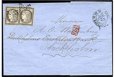 30 c. Ceres (2) på brev annulleret med stumt stempel i Paris d. 18.1.1875 til Stockholm, Sverige.