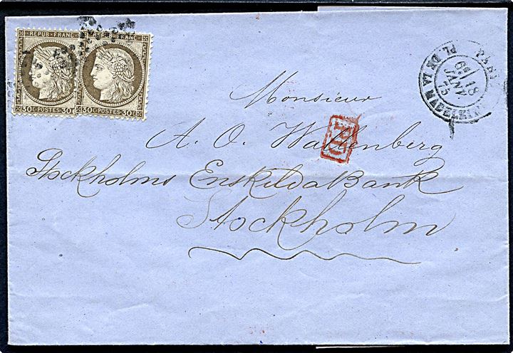 30 c. Ceres (2) på brev annulleret med stumt stempel i Paris d. 18.1.1875 til Stockholm, Sverige.