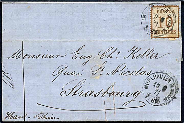 Besættelse af Elsass. 10 c. single på brev fra Mühlhausen in Elsass d. 19.6.1871 til Strassburg. 