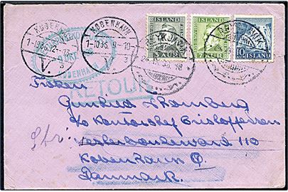 3 aur, 7 aur Jochumsson og 10 aur Dynjandi på brev fra Reykjavik d. 24.9.1936 til København, Danmark Ubekendt og returneret via returpostkontoret med flere stempler.