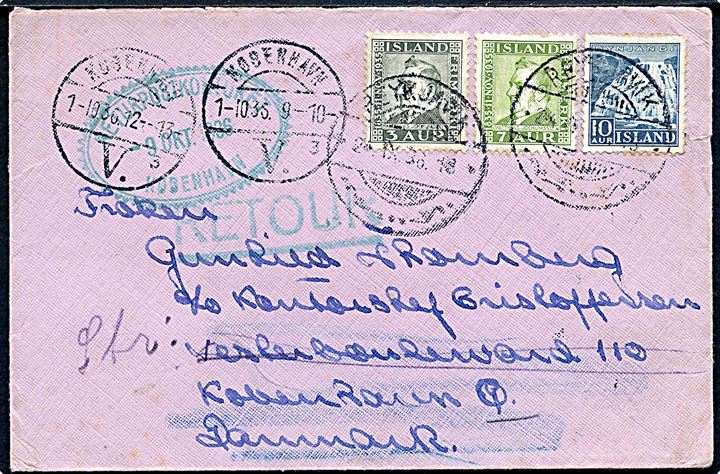 3 aur, 7 aur Jochumsson og 10 aur Dynjandi på brev fra Reykjavik d. 24.9.1936 til København, Danmark Ubekendt og returneret via returpostkontoret med flere stempler.